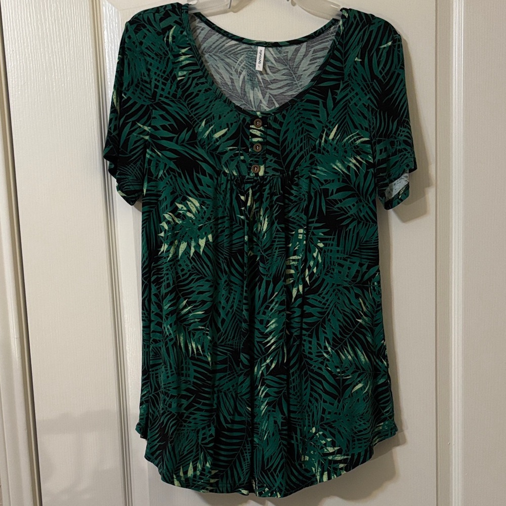 Tropical Green Leaf Print Short Sleeve Top